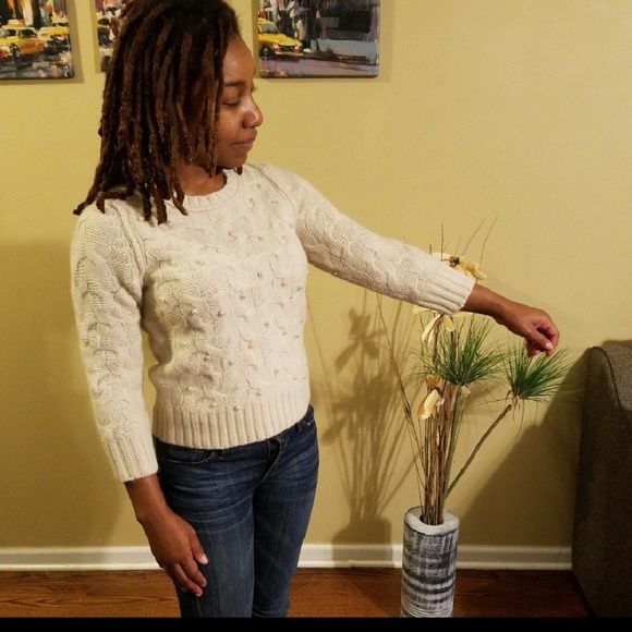 Cream Ann Taylor Beaded Sweater medium - Picture 2 of 5